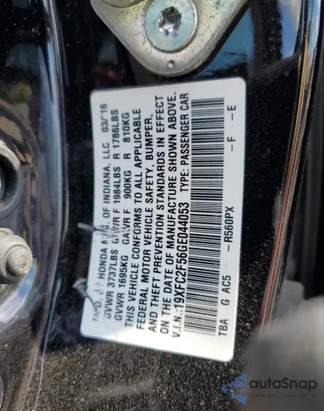 2016 Honda Civic Lx из США, поврежденный, VIN 19XFC2F56GE044053